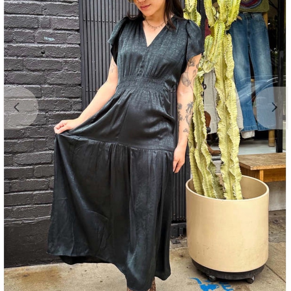 Black V-Neck Maxi Dress Flutter Sleeve Smocked Waist